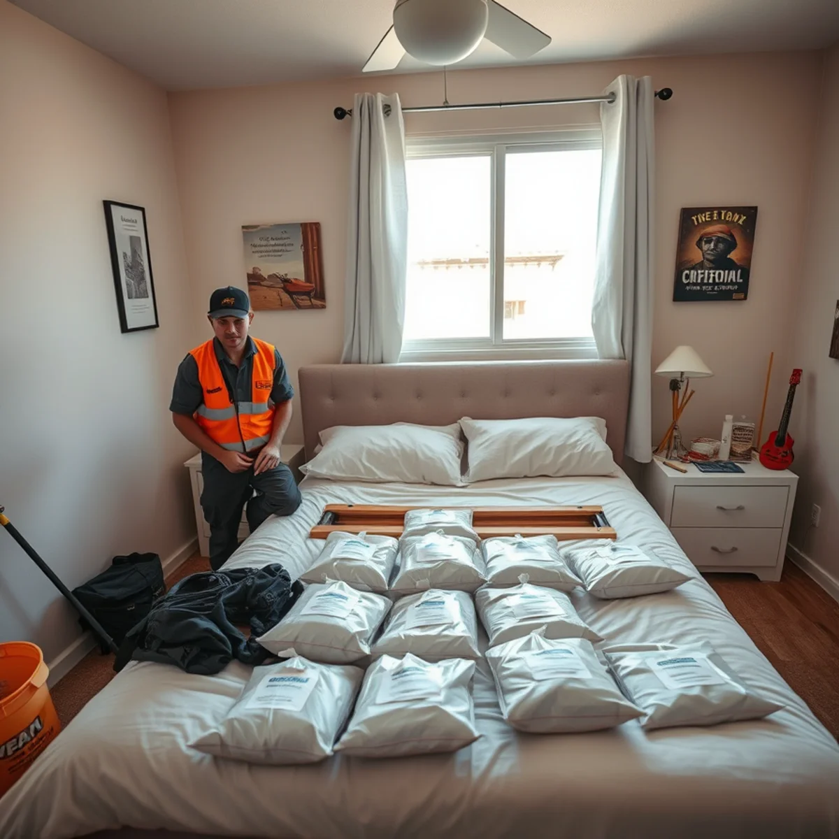 Sealed bags and an accessible bed frame prepared for bed bug treatment