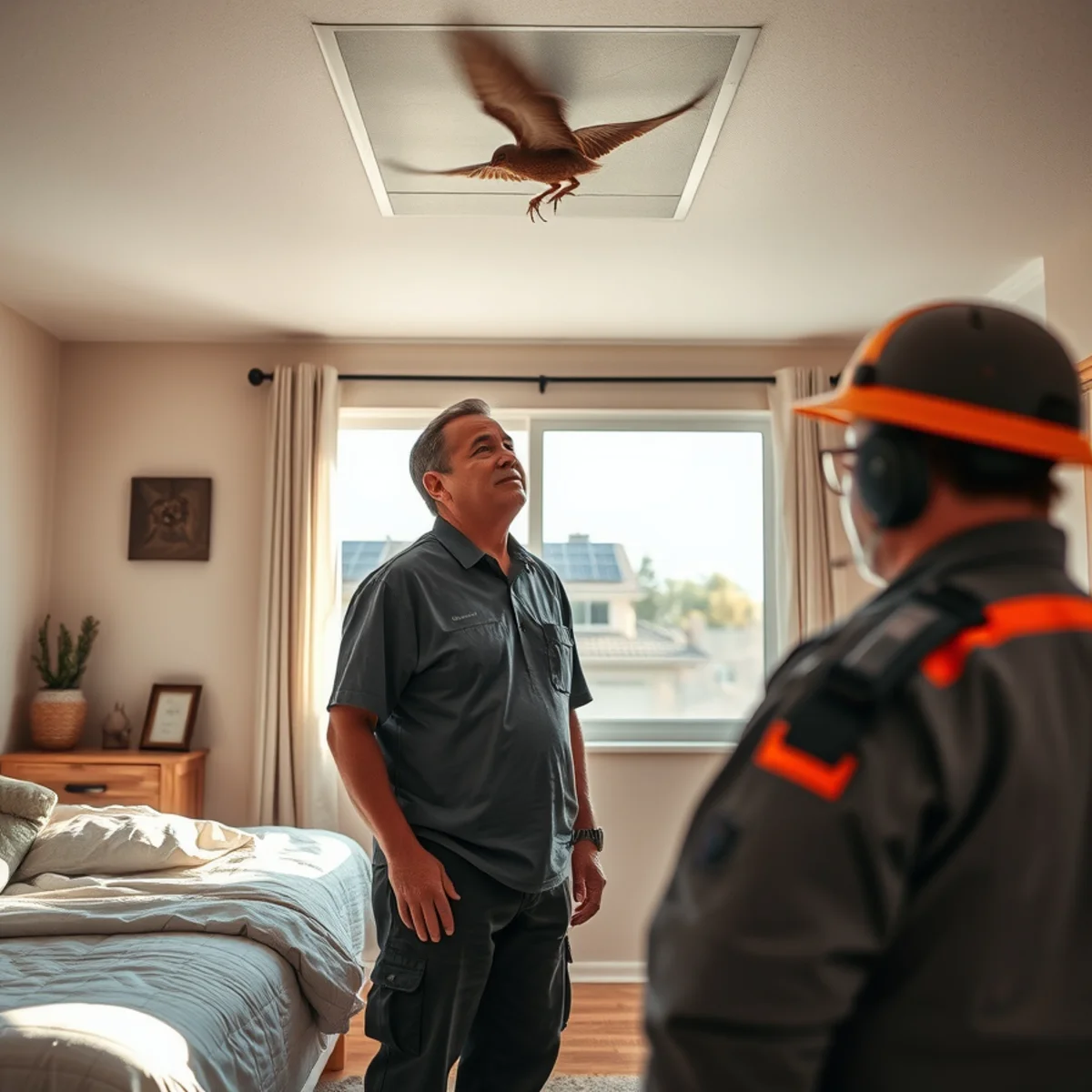 Homeowner listening for pigeon activity beneath rooftop solar panels
