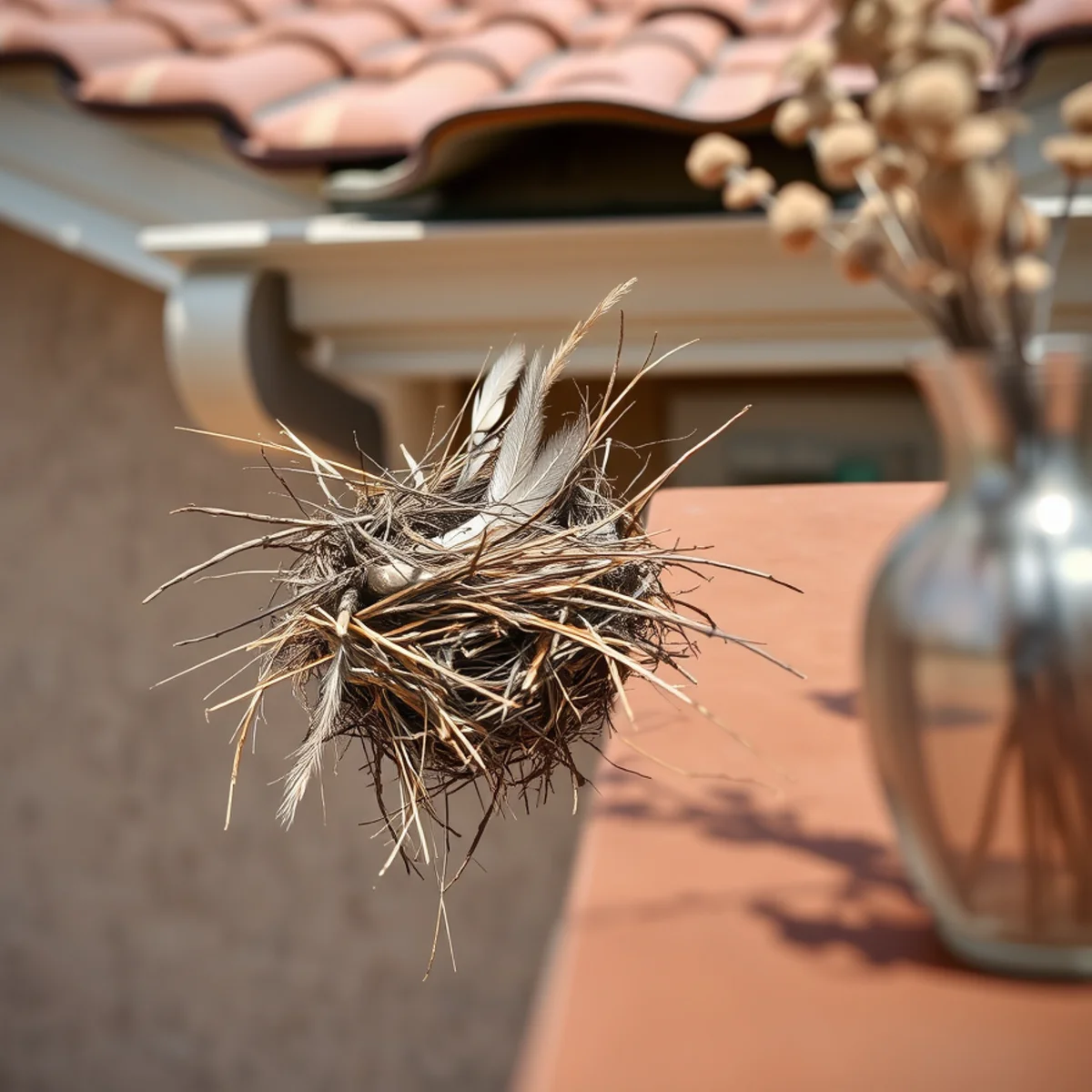 Pigeon nesting material collected near a residential roof gutter