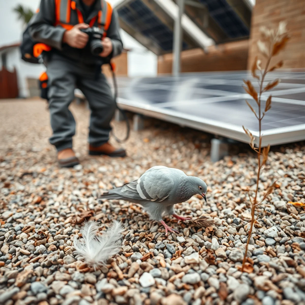 Pigeon feathers and debris near roof runoff below solar panels