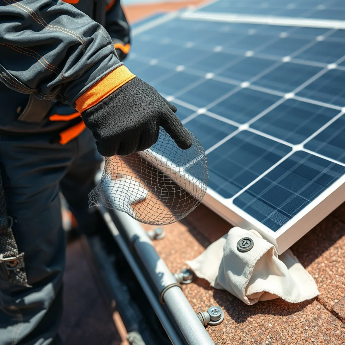 Loose pigeon-proofing mesh at a solar panel corner