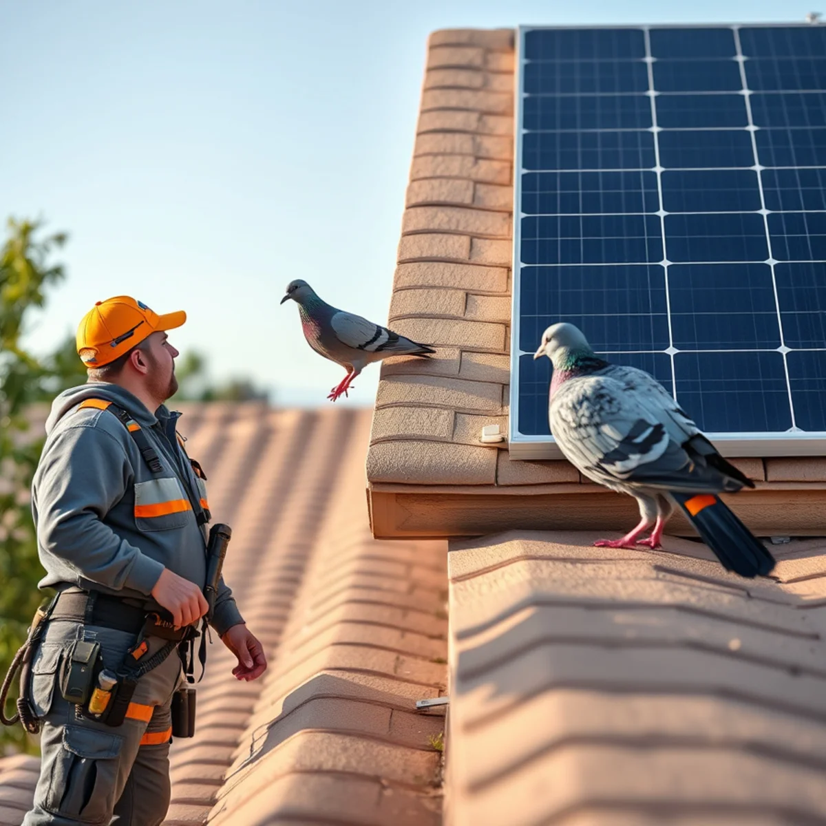 Pigeons landing at the edge of a residential solar array